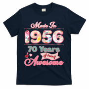70th Birthday Pink Floral Made In 1956 Years Of Being Awesome T-Shirt - Navy