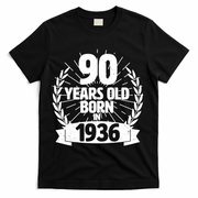 90th Birthday 90 Years Old Born In 1936 Wreath Banner  T-Shirt - Black
