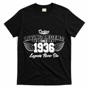 90th Birthday Certified Living Legend Since 1936 Legends Never Die Vintage Wings T-Shirt - Black