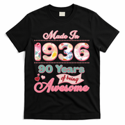 90th Birthday Pink Floral Made In 1936 Years Of Being Awesome T-Shirt - Black