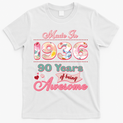 90th Birthday Pink Floral Made In 1936 Years Of Being Awesome T-Shirt - White