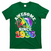 90th Birthday Rainbow Unicorn Awesome Since 1936 T-Shirt - Green
