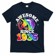 90th Birthday Rainbow Unicorn Awesome Since 1936 T-Shirt - Navy