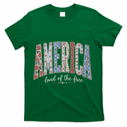 Cute America Land Of The Free Patchwork Varsity Style T-Shirt - Green