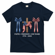 Faith Freedom 250 Years 1776-2026 Cute Patriotic Ribbons Christian Cross USA Flag T-Shirt - Navy