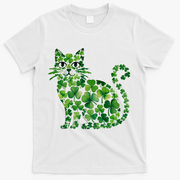 St Patrick's Day Lucky Shamrock Clover Cat T-Shirt - White