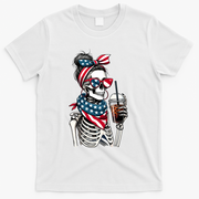 USA America Flag Skeleton Lady Coffee Lover T-Shirt - White